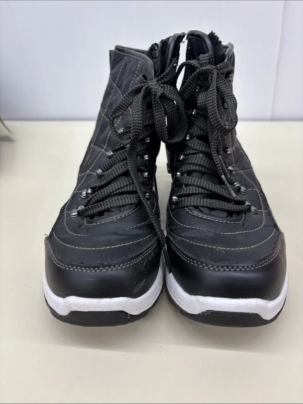 Weatherproof Black Quilted Lace-Up Ankle Boots with White Sole